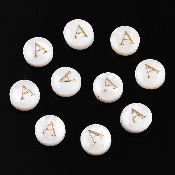 

PandaHall Natural Freshwater Shell Beads, with Golden Plated Brass Etched Metal Embellishments, Flat Round with Letter, Letter A...