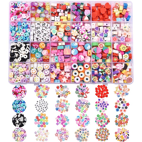 PandaHall 1370Pcs 24 Styles Butterfly & Candy & Fruit & Heart &Cake & Star Handmade Polymer Clay Beads, with Transparent & Opaque Acrylic...