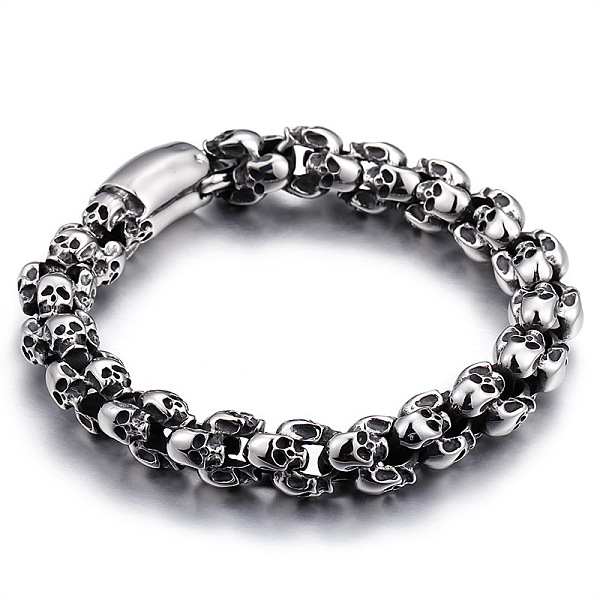 

PandaHall Titanium Steel Skull Link Chain Bracelet for Men, Antique Silver, 8-7/8 inch(22.5cm) Titanium Steel Skull