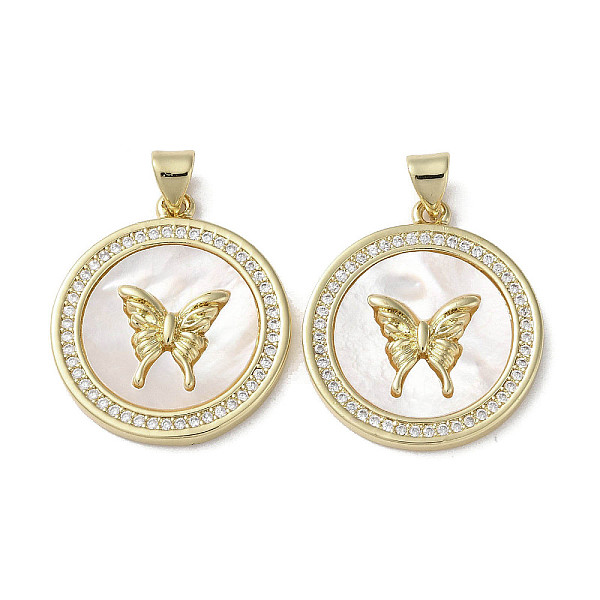 

PandaHall Brass Micro Pave Cubic Zirconia Pendants, with Shell, Flat Round with Butterfly Pattern, Real 18K Gold Plated, 24.5x22x2.5mm, Hole..., Clear