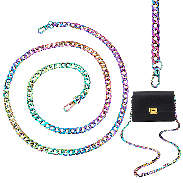 

PandaHall WADORN 1Pc Zinc Alloy Curb Chain Bag Handle, with Swivel Clasp, Rainbow Color, 120.5x0.95cm Alloy