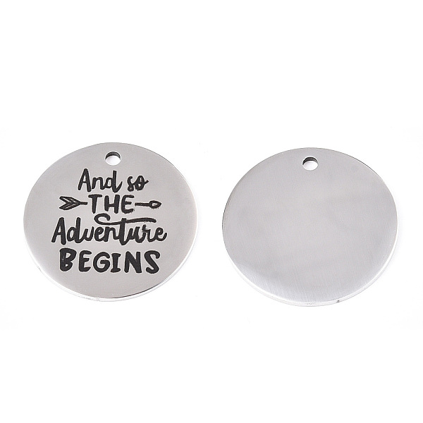 

PandaHall 201 Stainless Steel Pendants, Flat Round with Word and the Adventure Begins, Stainless Steel Color, 30x1.5mm, Hole: 2mm 201...