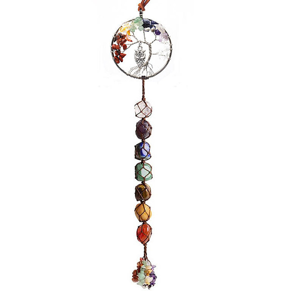 

PandaHall Chakra Theme Big Pendant Decorations, Hand Knitting with Owl Charm, Natural Gemstone Beads and Stone Chips Tassel, Flat Round with...