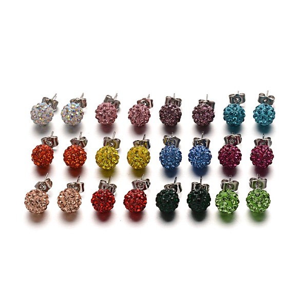 

PandaHall Polymer Clay Rhinestone Ball Stud Earrings, with Stainless Steel Stud Earring Findings, Stainless Steel Color, Mixed Color, 10mm..., Multicolor