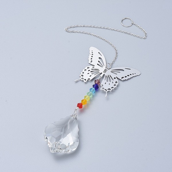 

PandaHall Crystals Chandelier Suncatchers Prisms Chakra Hanging Pendant, with Iron Cable Chains, Glass Beads and Brass Pendants, Butterfly..., Clear