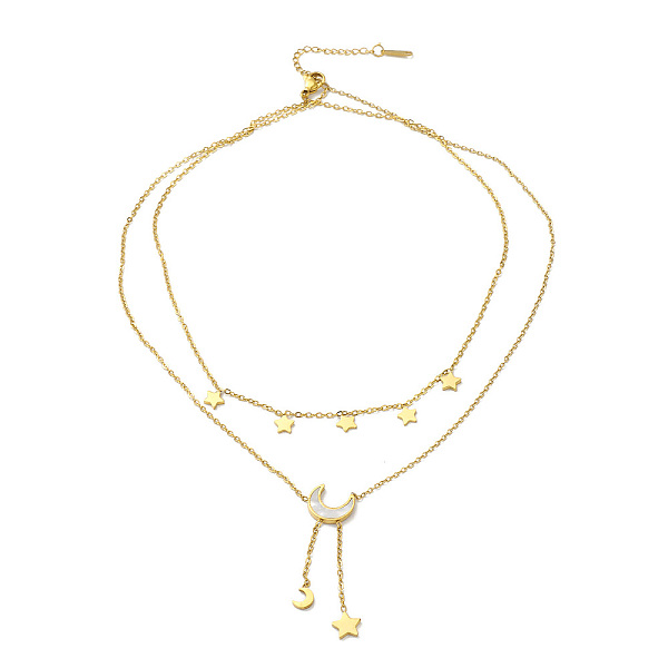 

PandaHall Ion Plating(IP) 304 Stainless Steel Cable Chains Double Layer Necklace, Natural Shell Moon & Star Pendant Lariat Necklace for...