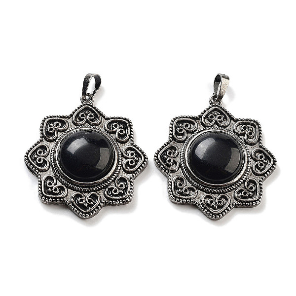

PandaHall Natural Obsidian & Brass Pendants, Antique Silver, Sun Charm, 43.5x39.5x9mm, Hole: 9.5x5.5mm Obsidian Sun