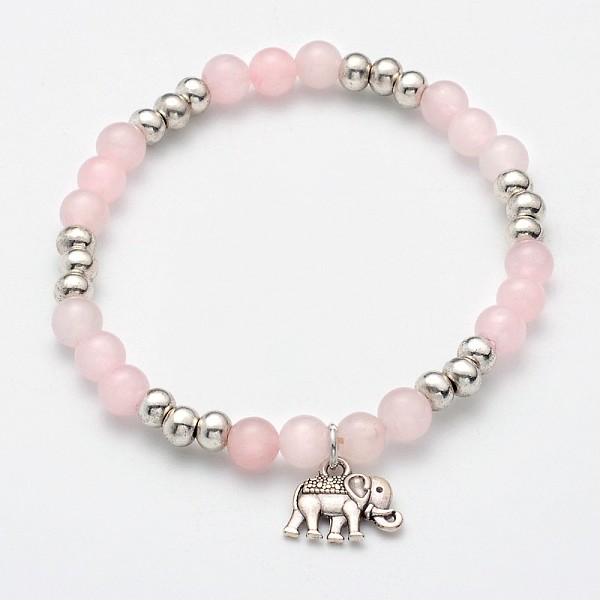 

PandaHall Natural Rose Quartz Beaded Elephant Charm Stretch Bracelets, with Antique Silver Alloy Findings, 53mm Rose Quartz
