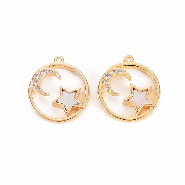 

PandaHall Brass Micro Pave Clear Cubic Zirconia Charms, with Freshwater Shell, Nickel Free, Flat Round with Star and Moon, Real 18K Gold...