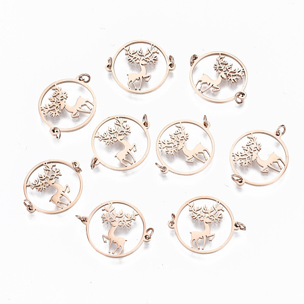 

PandaHall 304 Stainless Steel Links Connectors, Laser Cut, Flat Round with Christmas Reindeer/Stag, Rose Gold, 14x17x1mm, Jump Ring: 3x0.4mm...