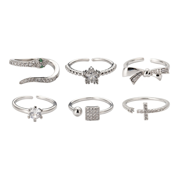 

PandaHall 6Pcs 6 Style Adjustable Brass Micro Pave Clear Cubic Zirconia Cuff Rings, Open Rings, Solitaire Rings, Cross & Star & Square &...