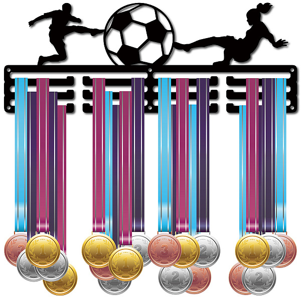 

PandaHall Fashion Iron Medal Hanger Holder Display Wall Rack, 3 Lines, with Screws, Football Pattern, 150x400mm Iron Football Black
