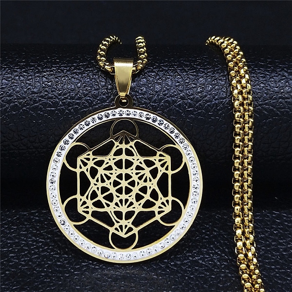

PandaHall Crystal Rhinestone Flat Round with Hexgon Pendant Necklace with 304 Stainless Steel Box Chains, Golden, 22.91 inch(58.2cm)...