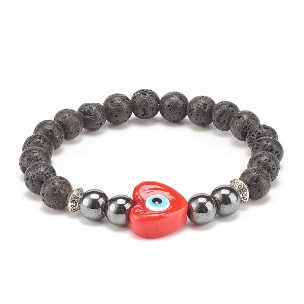 

PandaHall Natural Lava Rock & Synthetic Hematite Stretch Bracelet, Lampwork Heart with Evil Eye Beads Bracelet for Women, Red, Inner...
