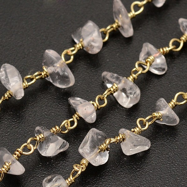 

PandaHall Handmade Crystal Chip Beaded Chains, Unwelded, with Spool, with Golden Plated Brass Findings, 4~9x11x2~8mm, about 32.8 Feet...