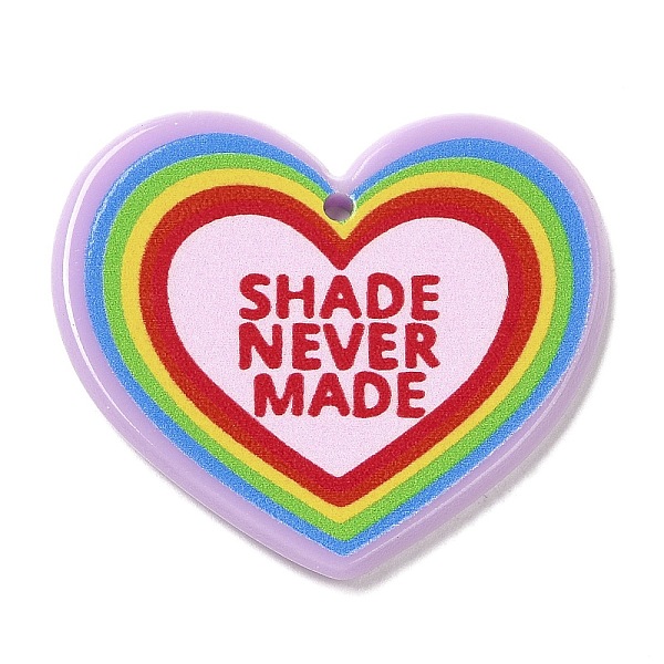 

PandaHall Acrylic Pendants, Heart with Word Shade Never Made, Rainbow Color Pride, Colorful, 31x35.5x2.5mm, Hole: 1.6mm Acrylic Heart