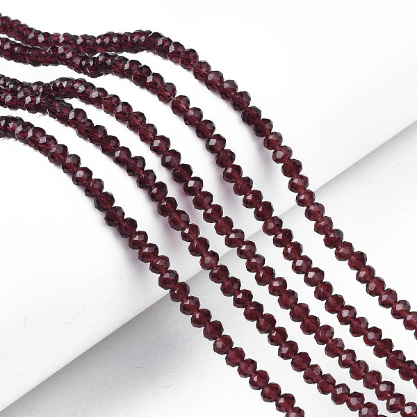 

PandaHall Glass Beads Strands, Faceted, Rondelle, Purple, 4x3mm, Hole: 0.4mm, about 113~115pcs/strand, 41~42cm Glass Rondelle Purple