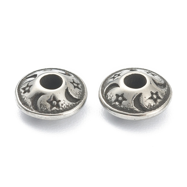 PandaHall 304 Stainless Steel Spacer Beads, Disc with Star & Moon, Antique Silver, 8x4mm, Hole: 2mm 304 Stainless Steel Disc