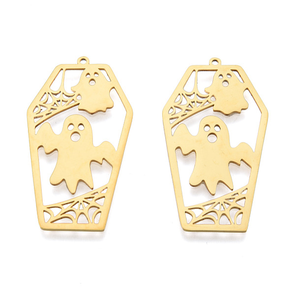 

PandaHall Halloween 201 Stainless Steel Pendants, Laser Cut, Coffin with Ghost, Real 18K Gold Plated, 45x24x1mm, Hole: 1.5mm 201 Stainless...