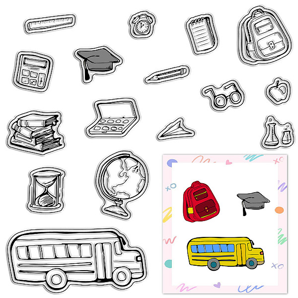 

PandaHall CRASPIRE Back to School Clear Stamps Bus School Bag Books Calculators Rulers Globes Pens Glasses Funnels Transparent Rubber Stamps...