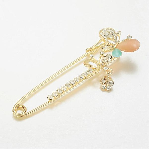 

PandaHall Alloy Glass Rhinestone Brooches, with Cat Eye, Butterfly, Golden, 73x25mm, Pin: 1.8mm Alloy+Rhinestone Clear
