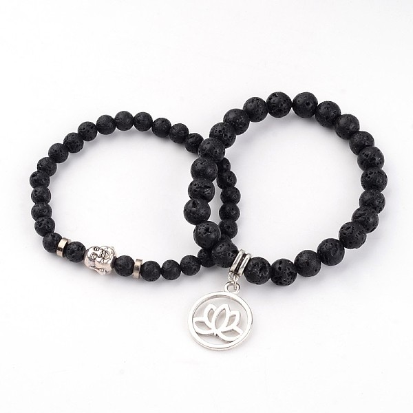 

PandaHall Flat Round with Lotus Natural Lava Rock Beaded Charm Bracelet Sets, with Tibetan Style Alloy Beads, 53~56mm Lava Rock Black