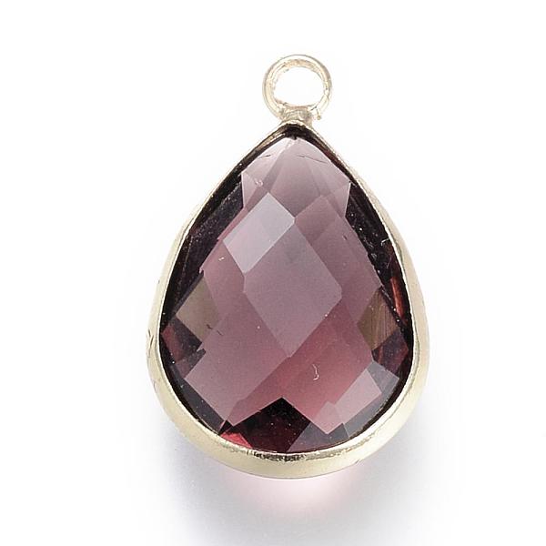 

PandaHall Glass Pendants, with Brass Findings, Faceted, Drop, Light Gold, Purple, 14x7.5x4mm, Hole: 1.8~2.3mm Brass+Glass Teardrop Purple