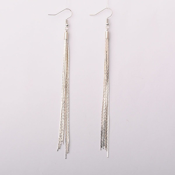 

PandaHall Brass Chain Tassel Earrings, with Brass Cord Ends and Brass Earring Hooks, Silver Color Plated, Silver Color Plated, 120mm, Pin...