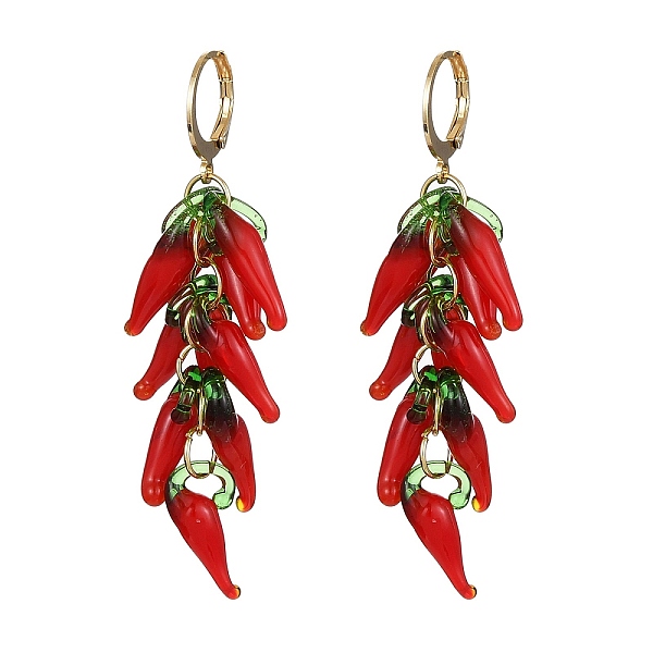 

PandaHall 304 Stainless Steel Leverback Earrings, Hot Pepper Lampwork Cluster Earrings, FireBrick, 60x8mm Lampwork Hot Pepper Red