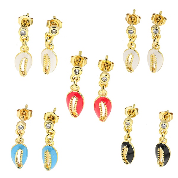 

PandaHall Shell Shape Real 18K Gold Plated Brass Dangle Stud Earrings, with Enamel and Clear Cubic Zirconia, Mixed Color, 19.5x5.5mm Cubic..., Multicolor