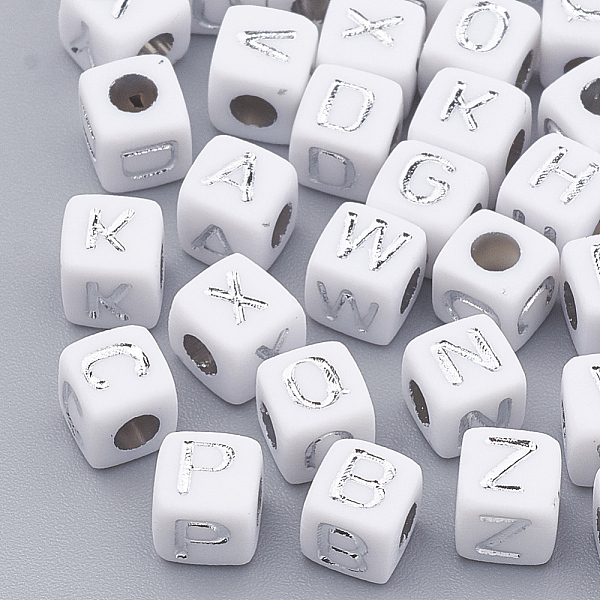 

PandaHall 50g Plated Acrylic Beads, Metal Enlaced, Horizontal Hole, Cube with Letter, Silver Plated, 4.5x4.5x4.5mm, Hole: 3mm Acrylic..., White