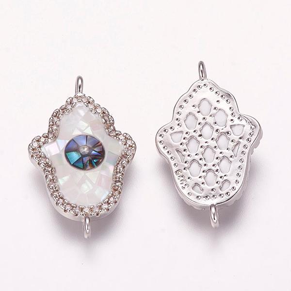 

PandaHall Brass Micro Pave Cubic Zirconia Links, with Freshwater Shell, Hamsa Hand/Hand of Fatima/Hand of Miriam with Evil Eye, Platinum..., White