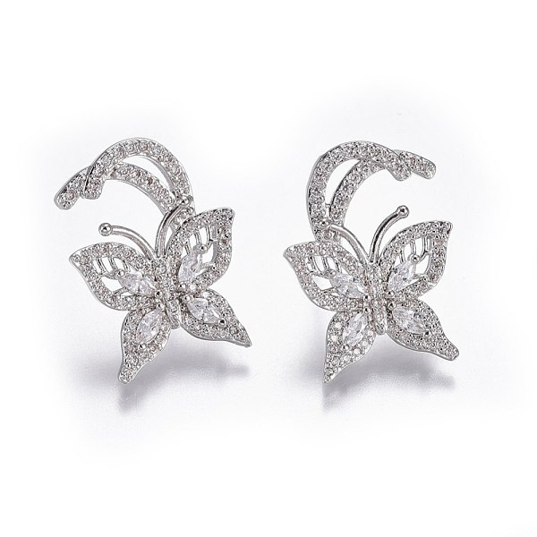 

PandaHall Brass Studs Earrings, with Micro Pave Cubic Zirconia, Butterfly, Clear, Platinum, 23x17x3mm, Pin: 0.8m Cubic Zirconia Clear