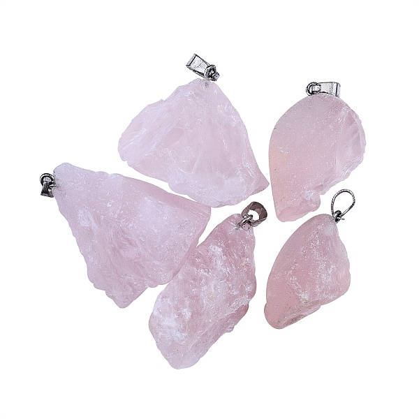 PandaHall 5Pcs 5 Style Natural Rose Quartz Pendants, with Alloy Accessories, with Platinum Peg Bail & Snap On Bails, Nuggets, 26x20x16mm...