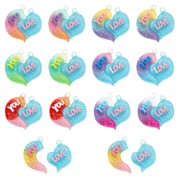 

PandaHall CHGCRAFT 14 Sets 7 Colors Gradient Color Opaque Resin Pendants, with Glitter Powder, Couple Heart Charm with Word LOVE YOU, Mixed..., Multicolor