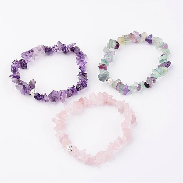 

PandaHall Natural Mixed Stone Stretch Bracelets, with Brass Textured Beads, Silver Color Plated, 50mm Mixed Stone Silver