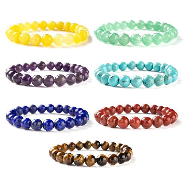 PandaHall 7Pcs 7 Style Chakra Jewelry, Round Natural Mixed Gemstone Beads Stretch Bracelets for Women Girl, Bead: 8mm, 2~2-3/8 inch(5.2~6cm)...