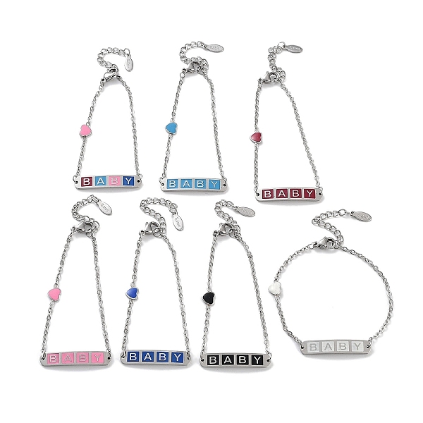 

PandaHall 201 Stainless Steel Heart & Rectangle with Word Baby Link Bracelets, Enamel Style ID Bracelets for Women, Mixed Color, 6-1/2 inch..., Multicolor
