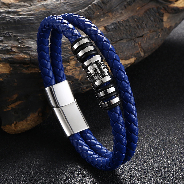 

PandaHall Stainless Steel Skull Beaded Leather Double Layer Multi-strand Bracelet, Gothic Bracelet with Magnetic Clasp for Men, Dark Blue...