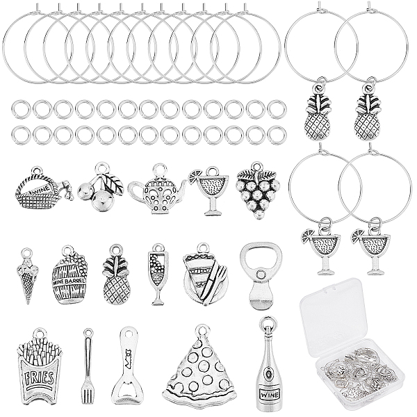 PandaHall SUNNYCLUE 1 Box 16Pcs 16 Styles Wine Glass Charm Rings Bulk Food Wine Charms Silver Glass Maker Identifier Stainless Steel Goblet...