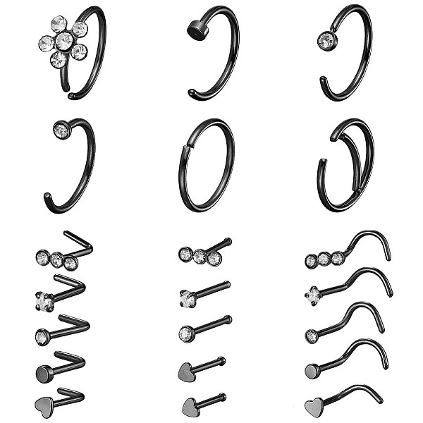 

PandaHall 21Pcs 21 Style Clear Cubic Zirconia Flower & Flat Round & Heart Nose Studs & Rings Set, 304 Stainless Steel Nose Hoop & Fishtail &..., Black