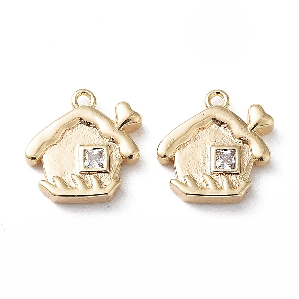 PandaHall Brass Glass Charms, House, Real 18K Gold Plated, 11x11x2.5mm, Hole: 1mm Brass+Glass House Clear