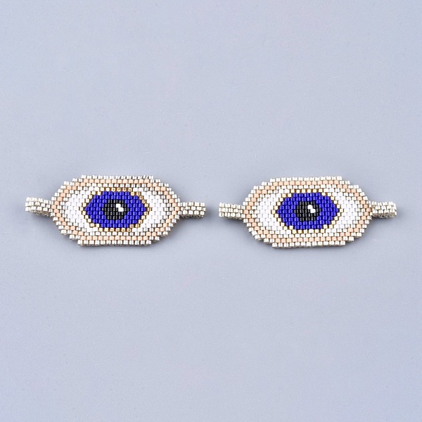 

PandaHall Handmade Seed Beads Links Connectors, with Elastic Thread, Loom Pattern, Eye, Blue, 22.5~23x51~55x1.5~2mm, Hole: 2.5~4mm Glass Eye...