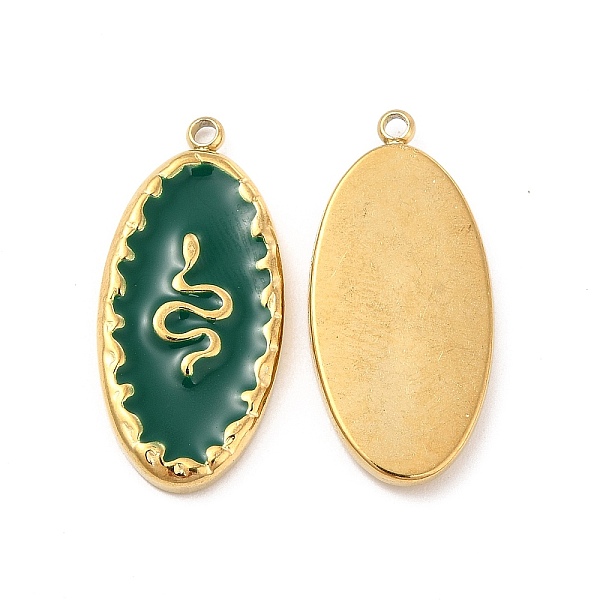 

PandaHall Vacuum Plating 201 Stainless Steel Enamel Pendants, Real 18K Gold Plated, Oval with Snake Pattern Charm, Dark Green...