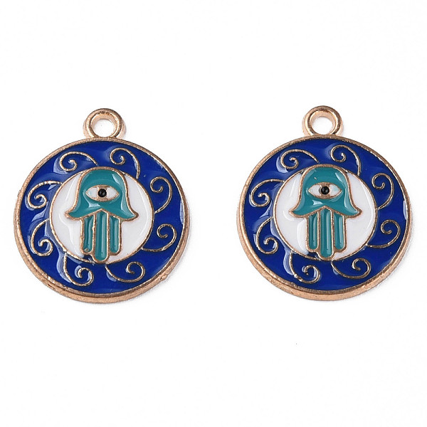 

PandaHall Alloy Enamel Pendants, Cadmium Free & Lead Free, Light Gold, Flat Round with Hamsa Hand/Hand of Miriam & Eye, Dark Blue...