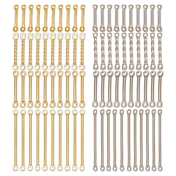 arricraft 80 Pcs Stainless Steel Bar Links Connectors, 8 Styles Golden or Raw Color 2-Hole Stick Strip Long Short Bar Links Connector Tortile Blank Metal Findings Small Rod for Neckalce Jewelry Making