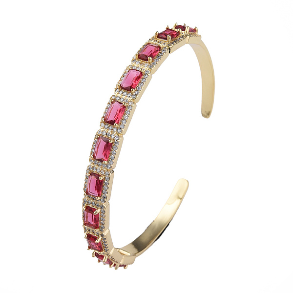 

PandaHall Cubic Zirconia Rectangle Open Cuff Bangle, Real 18K Gold Plated Brass Jewelry for Women, Camellia, Inner Diameter: 2-1/4 inch..., Pink