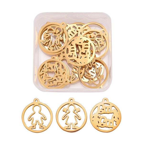 

PandaHall 12Pcs 3 Styles Mother's Day Themed 304 Stainless Steel Pendants, Manual Polishing, Ring with Boy & Gril & Mama, Golden...