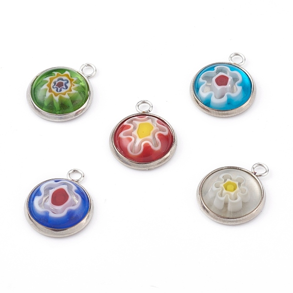 

PandaHall Handmade Millefiori Glass Pendants, with 304 Stainless Steel Pendant Cabochon Settings, Flat Round, Stainless Steel Color, Mixed..., Multicolor