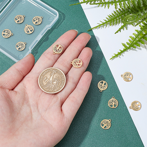 

PandaHall UNICRAFTALE 12pcs Golden Flat Round with Tree Charms Stainless Steel Pendants Metal Small Hole Charms for Necklaces Bracelets...
